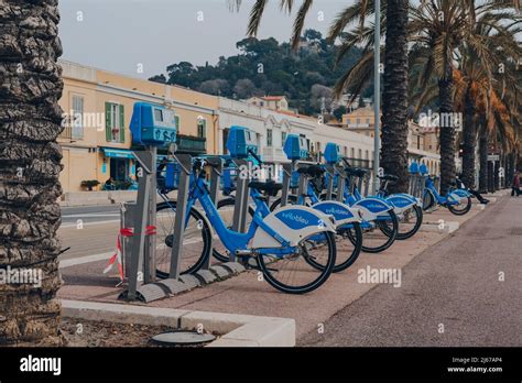 Nice France March 11 2022 Row Of Rental Velobleu Bikes Parked On