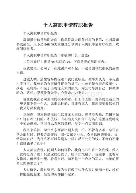 个人离职申请辞职报告docx 冰点文库