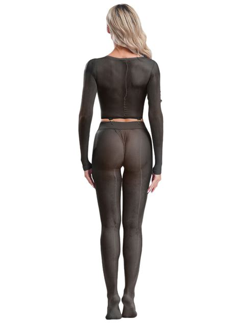 Women S Sexy Sheer Lingerie Set Bodystockings Long Sleeve Top With Stockings EBay