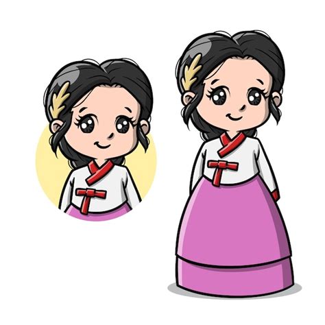 Nettes koreanisches mädchen mit hanbok karikatur Premium Vektor