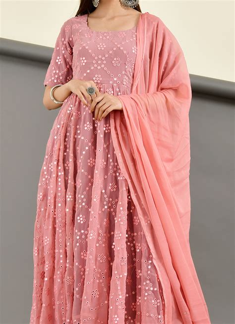 Buy Georgette Mirror Onion Pink Anarkali Suit Work Wear Online At Best