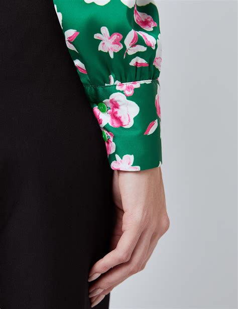 Satin Floral Print Women S Fitted Blouse With Single Cuff And Pussy Bow