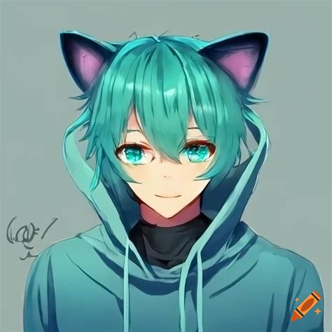 Anime Catboy With Cyan Eyes Hair Cat Ears Tail And Hoodie On Craiyon