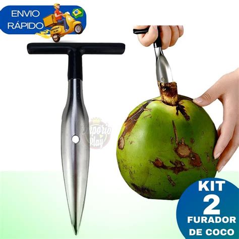 Kit 2 Fura Coco Em Aço Inox Profissional Resistente Furador Abridor