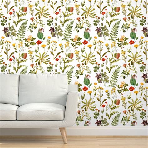 Botanicals Wallpaper Vintage Botanical Wildflower By Etsy