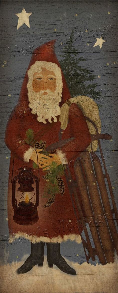 Primitive Santa Art Print 8x20 By Marysmontage On Etsy 2000