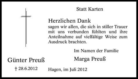 Traueranzeigen Von G Nter Preu Trauer In Nrw De