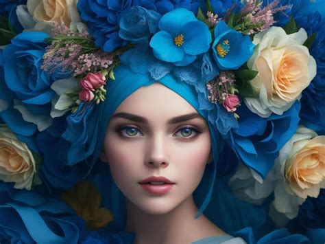 Una Mujer Con Flores En La Cabeza Y Una Diadema Azul Está Rodeada De