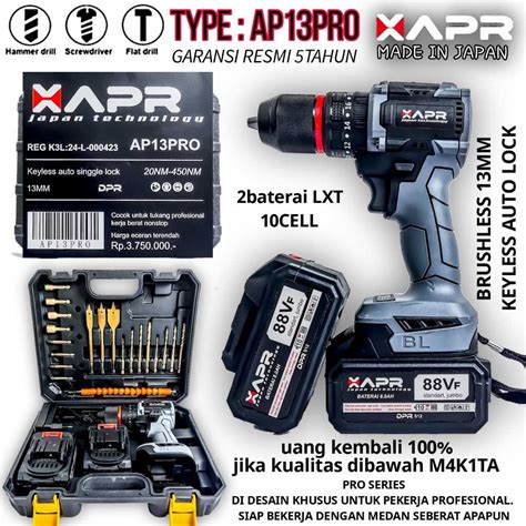 Jual APR JAPAN BOR IMPACT BATERAI BRUSHLESS KEYLESS 13MM 88VF 2 BATERAI