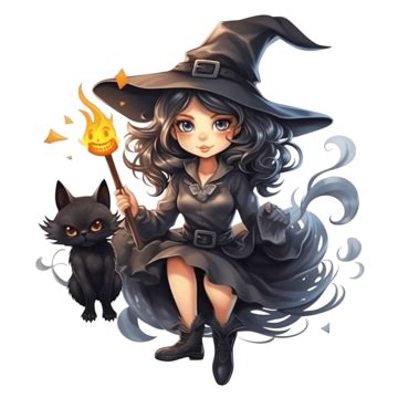 Halloween Illustration Of Witch Character With Black Cat Flying On A