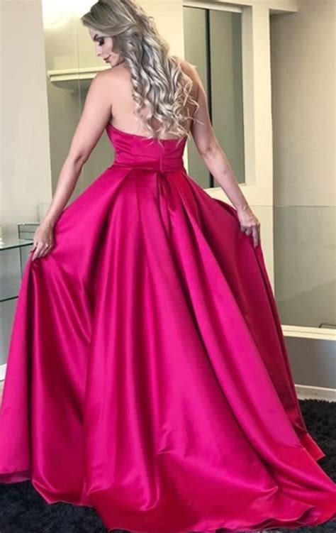 Macloth Strapless Sweetheart Long Prom Dress Fuchsia Satin Formal Even