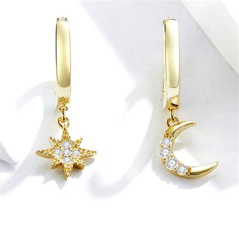 Sterling Silver Moon And Star Dangle Earrings Gold Etsy