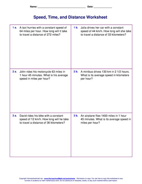 Speed Time Distance Worksheet Name Date