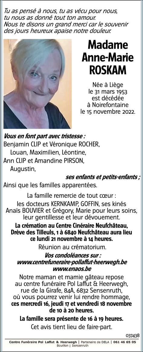 Avis De Décès De Anne Marie Roskam Décédé Le 15112022 à Noirfontaine