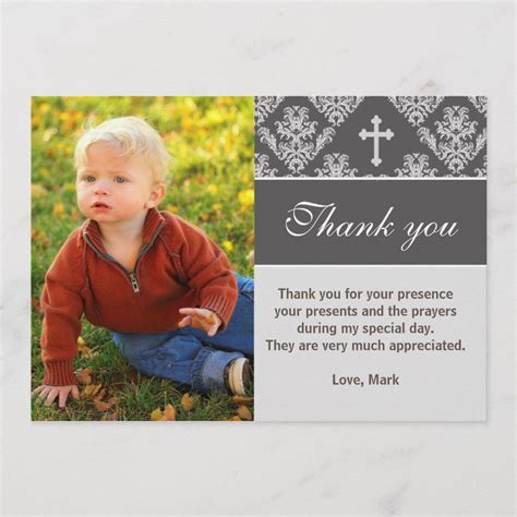 Baptism Thank You Note Christening Grey Photo Card Baptism Thank You