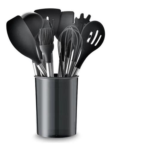 Kit Utensilios Cozinha Silicone Preto Futuro Conjunto De