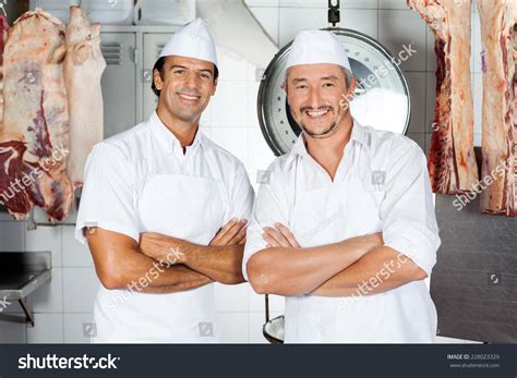 Portrait Confident Male Butchers Smiling Butchery Stock Photo 228023329