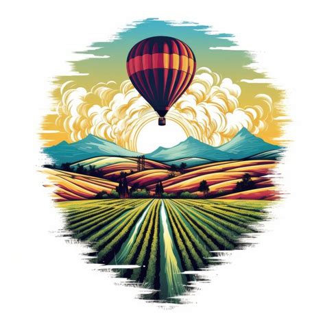 Premium AI Image Ascending Horizons Vibrant Hot Air Balloon Soaring Over Fields