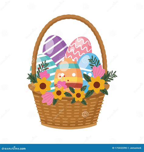 Eggs Painted In Basket With Flowers Easter Decoration Stock Vector