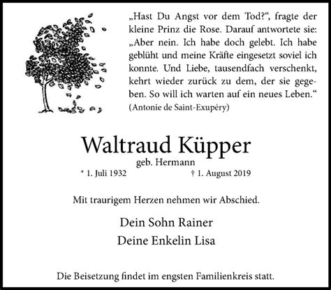 Traueranzeigen von Waltraud Küpper Trauer in NRW de