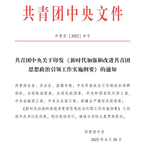 共青团中央关于印发 《新时代加强和改进共青团思想政治引领工作实施纲要》 的通知