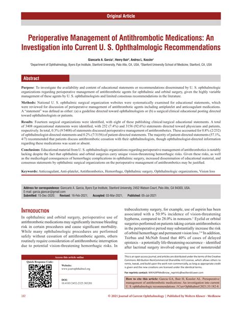 Pdf Perioperative Management Of Antithrombotic Medications An