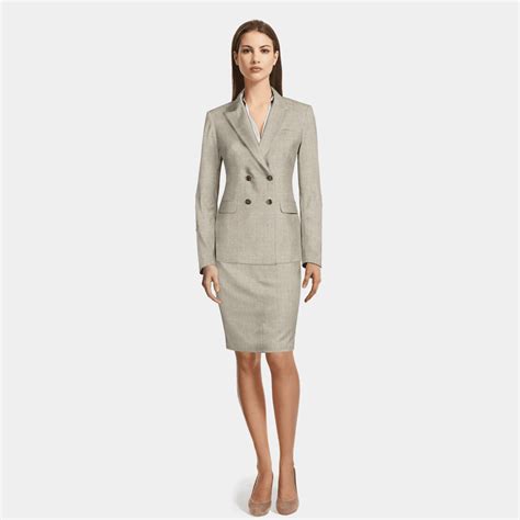 Light Gray Double Breasted Herringbone Linen Skirt Suit Sumissura