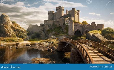 Medieval Castle On The Island And A Bridge Leading Generative Ai