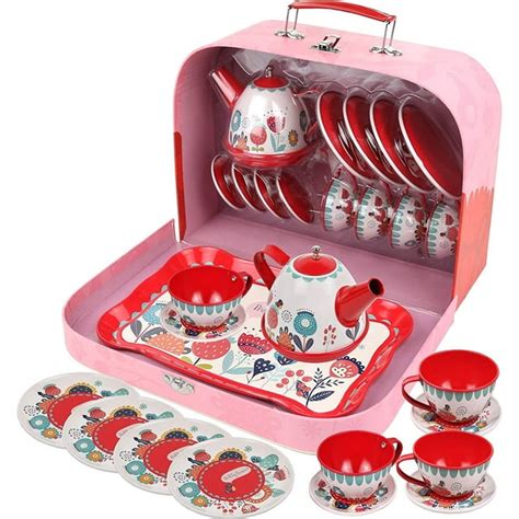 Tea Set for Little Girls, Pretend Play Tea Party Set, Floral Design Kids Tin Tea Set with ...