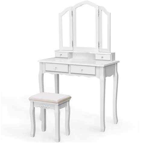 Vanity Table Set Makeup Dressing Table With Tri Folding Mirror White