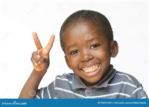 Very Happy African Black Boy Making Peace Sign For Africa African