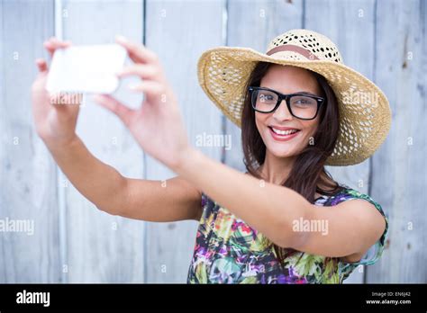Smiling Beautiful Brunette Taking Selfie Stock Photo Alamy
