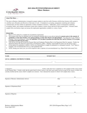 Fillable Online Coloradomesa 2015 2016 PETITIONPROGRAM SHEET Minor