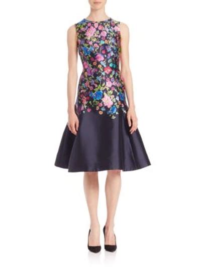 Oscar De La Renta Floral Print Silk And Cotton Mikado Flared Dress In Pnk