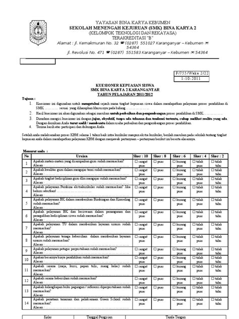 Contoh Kuesioner Kepuasan Pelanggan