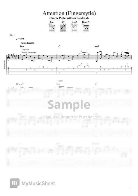 Charlie Puth Attention Fingerstyle Tab 단선 악보 by William Sandoval