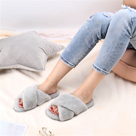 Lordfon Open Toe Cross Band Womens House Slippers Fluffy Indoor Slip On