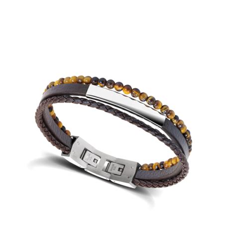 Bracelet Homme Rochet Yale Acier Et Cuir Marron Plat Mm Tress Mm