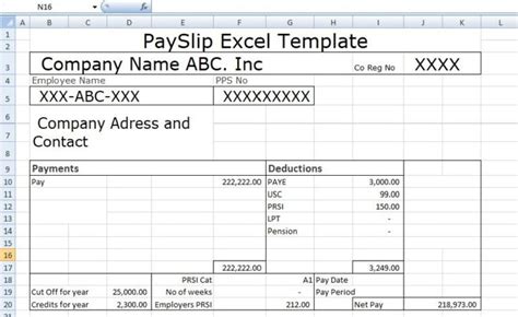 A Spreadsheet Showing The Pay Slip Excel Template For Company Name Abcc Inc