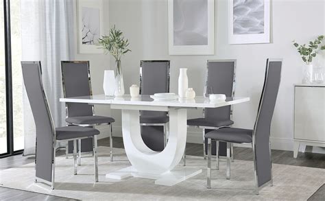 Oslo White High Gloss Extending Dining Table With 6 Celeste Grey