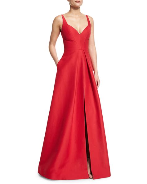 Halston Heritage Sleeveless V Neck Structured Gown Carmine