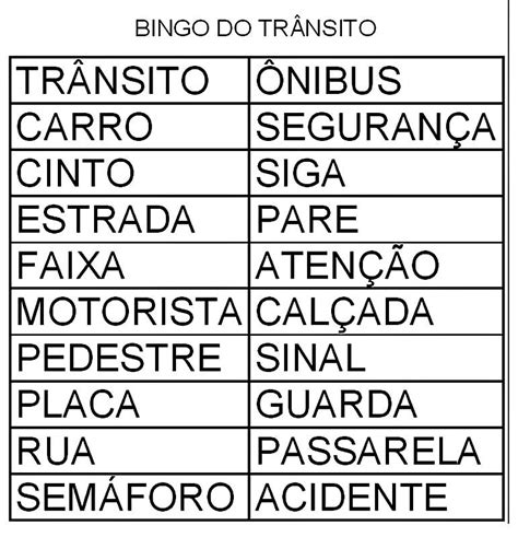 Bingo do Trânsito Atividades Escolares