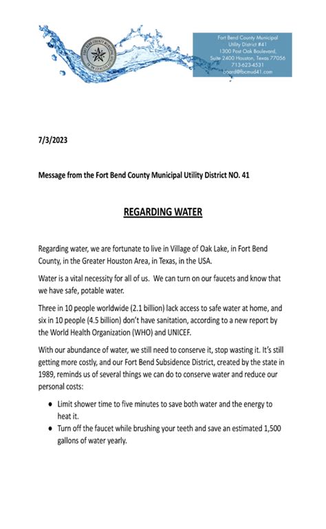 Summer Water Information Fort Bend County Municipal Utility District