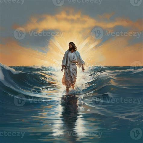 Jesus Christ Walking On Water During Storm At Sunset Ai Generated