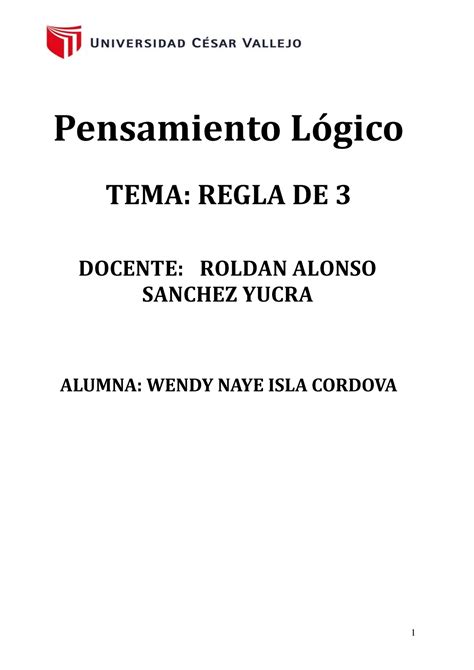 Situación Contextual Pensamiento Lógico TEMA REGLA DE 3 DOCENTE