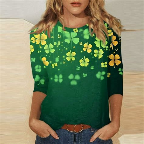 2025 Womens St Patricks Day 3 4 Sleeve Shamrock Clover Print Blouses