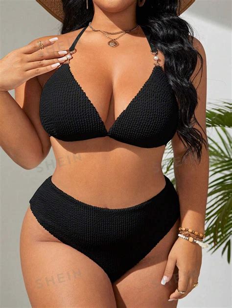 Shein Swim Curve Plus Size Monochromatic Textured Swimsuit Set High