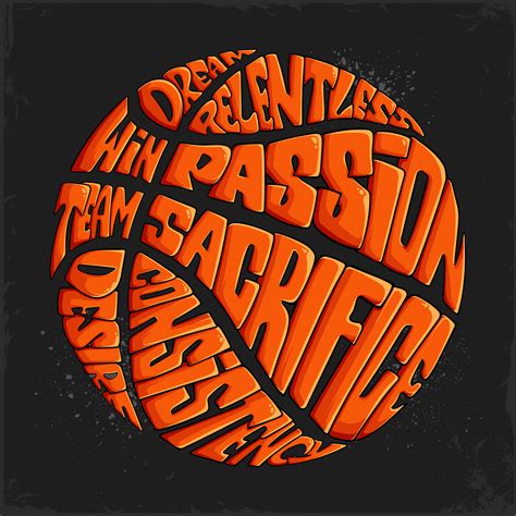 Hand Drawn Orange Basketball Ball Calligram Motivational Words Shaped