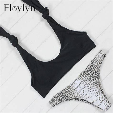 Floylyn Snake Printed Bikini 2017 Bow Swimwear Women Push Up Swimsuit