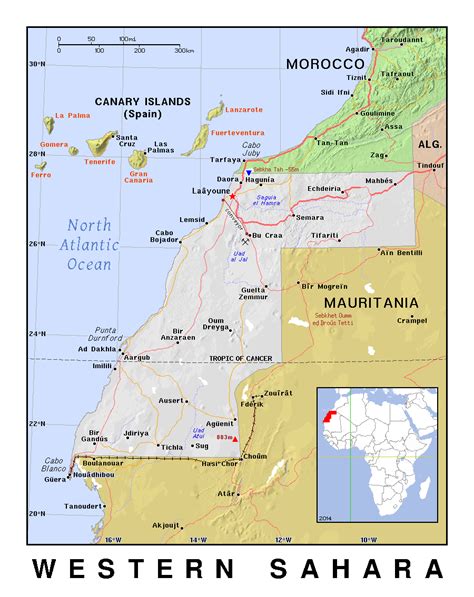 Detailed political map of Western Sahara with relief | Western Sahara ...